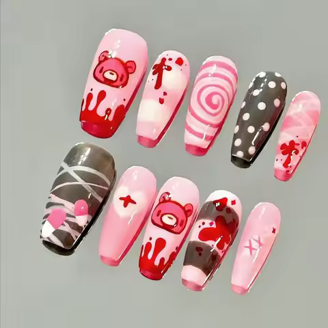 Gloomy Bear Press On Nails Medium Long Stiletto Cute Kawaii Design Polka Dots Pattern Unique False N