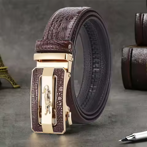 Men's Belt Fashion Crocodile Pattern Belt Alloy Automatic Buckle Strap Casual Business Style Jeans B