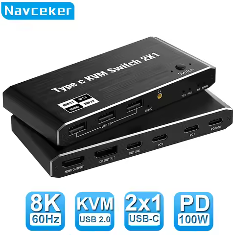 Navceker 2x1 8K Thunderbolt 4 USB C KVM Switch 100W PD Charge 4K 144Hz Type C KVM Switch Switcher fo