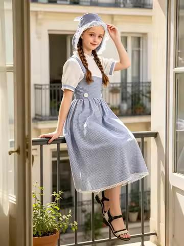 Girls Dorothy Blue Gingham Costume Dress With Matching Lace Headscarf For Halloween Cosplay