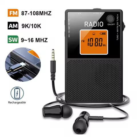 Mini Portable AM FM SW Radio Pocket FM Stereo Radios External Speaker Backlight Screen Rechargeable 