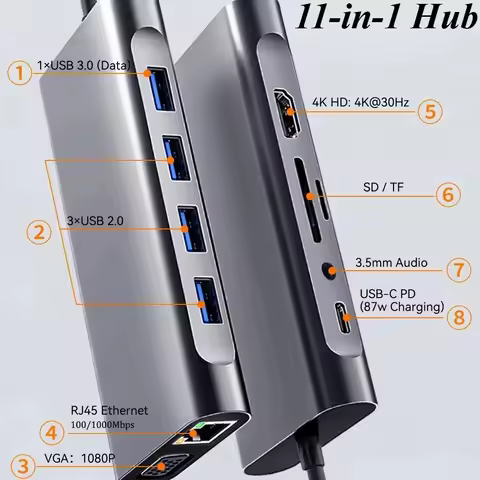 11-in-1 Type-C Docking Station 4K HDMI VGA PD Charging Gigabit Ethernet RJ45 USB 3.0 Hub Adapter for