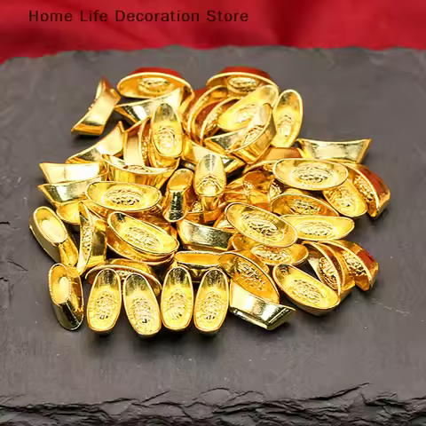 10pcs Ingot Gold Chinese Yuan Bao Wealth Feng Shui Golden Statue Ingots Decor Ornament New Year Bar 