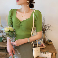 IELGY Áo Thun Dệt Kim Bó Sát Mùa Hè Tay Ngắn Kiểu Pháp Áo Cổ Vuông Cho Nữ Cổ Chữ V