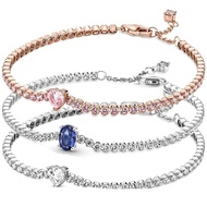Original Rose Sparkling Clear Pink Blue Heart Tennis Bracelet Fit Fashion Bangle 925 Sterling Silver Bead Charm Jewelry