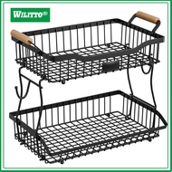 Storage Organizer Double-layer Fruit Basket with Banana Hangers Large Capacity Kitchen Storage Rack 