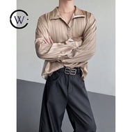 Dark Style Male Old Money Stripes Extravagant Glossy Lazy Style Acetate Silky Henry Collar Shirt cs1