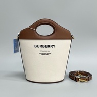 98新 BURBERRY/巴寶莉 Pocket白色織物拼皮 單肩斜挎水桶包 尺寸：17*26*12cm