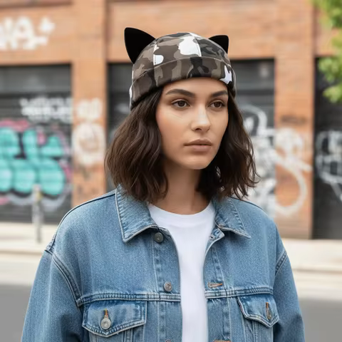 Fashion Brimless Skull Cap Adjustable Rolled Cuff Beanie Hat Black Cat Ears Docker Cap Unisex
