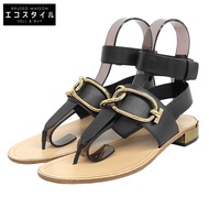 Tod's 女士人字拖涼鞋，真皮，黑色，尺寸 37 1/2 (37.5cm)，近全新 [二手]