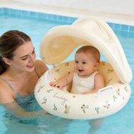Baby Swim Ring With Sun Canopy, Detachable Sunshade, Rabbit And Bear Print Inflatable Seat With Hand