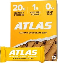 Atlas Protein Bar, 20g Protein, 1g Sugar, Clean Ingredients, Gluten Free (Almond Chocolate Chip, 12 