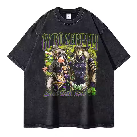 Anime JoJos Vintage Washed Steel Ball Run Short Sleeved Round Neck Y2k Tshirt Men Clothing New in To