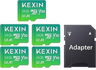 KEXIN Micro SD Card 64 GB Pack of 5 Memory Cards Micro SD with SD Adapter, Up to 90 MB/s Read Speed,