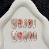 Pure Handmade Fake Nails Good Luck Koi Shiny Cat's Eye Press On Nails