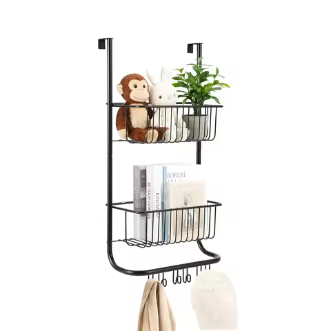 2 tier Over The Door Organizer, Metal Hanging Storage Caddy with 6 Hooks,Heavy Duty No-Drilling Rack