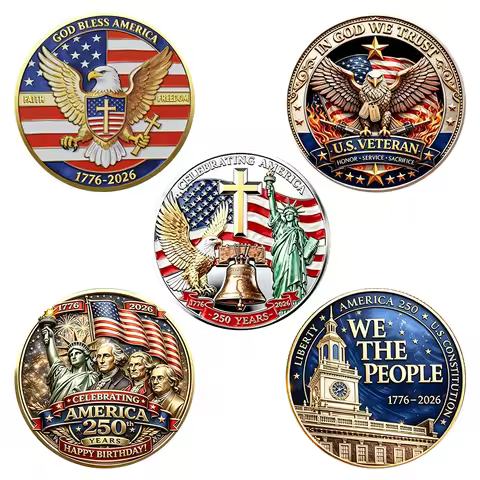 5PCS USA 250th Anniversary Challenge Coin 1776-2026 Veteran Patriotic Commemorative Coin Gold Plated