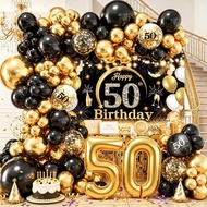 84PCS 50th Birthday Party Decoration Black Golden Balloons Arch with 32inch Golden Number and 50th C