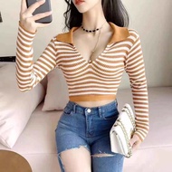 Sakura.official F837/QZ.1 Long Sleeve Crop Top Cropped Backless Backless. New Shirt Rug Striped Collar
