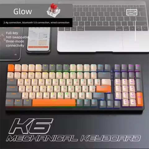 K6 Keyboard Mechanical 100% Wireless 2.4G Russian Layout Gaming Computer Bluetooth USB-C Wired Keybo