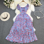 Đời Boho Địa Trung Hải Bên Biển Kỳ Nghỉ Đầm Dài Tay Váy Chữ A Có Xù Vuông Thời Trang Cổ Giảm Béo Dây