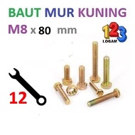 BMK M8x80 mm Yellow Bolt Nut, Key 12, Thread P1.25 M8 Screw M8 Bolt and Nut