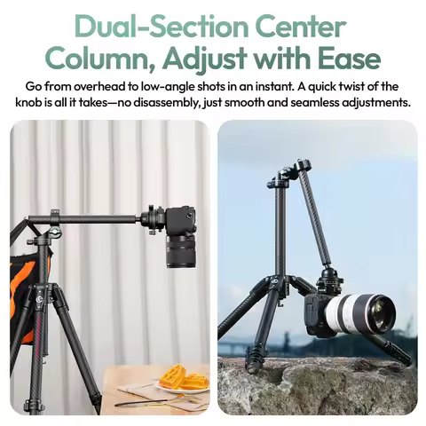 ​Ulanzi JJ05 JJ06 GlideGo Travel Tripod Carbon Fiber Tripod with Dual-Section Center Column for Low-