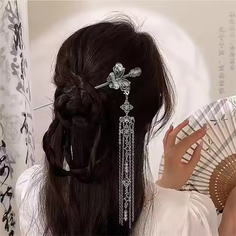 Neo Chinese Style Hairpin For Women Elegant Butterfly Tassel Hair Stick Vintage Reluster Metal Hairp