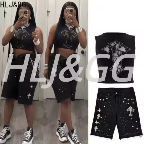 HLJ&GG Black Fashion Y2K Rhinestone Denim Shorts Two Piece Sets Women Round Neck Sleeveless Slim Tan
