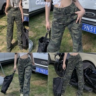 Glassy Sky High-Waisted Straight-Leg Pants Very Cute Green Military Camouflage Long (11037-NZ)