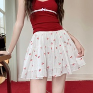 A-Line Skirt Cherry Pattern Short With Lining Elastic Waist 60367