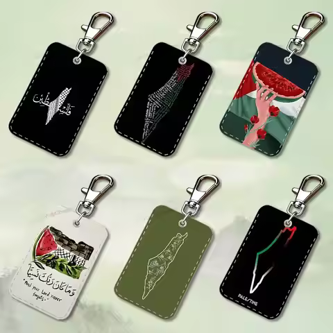 Art Embroidery-PalesTine-ES Rectangle Card Case Keychain Access Card Bag Key Tag Ring Leather Card H