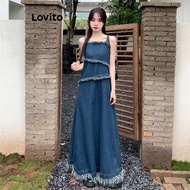 Lovito women's casual solid color tassel denim dress LNA60319