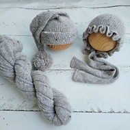 新生兒睡帽絨球帶裹巾，針織拍照道具，嬰兒帽子褶邊