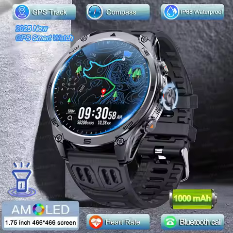 2025 New Military Smart Watch 466*466 HD AMOLED GPS Compass 1000Mah IP69K Waterproof Flashlight Hear