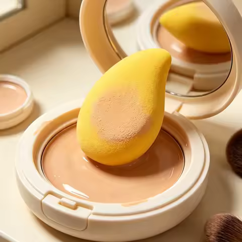 The mango-shaped cosmetic sponge is both dry and wet-useable. It swells when exposed to water.