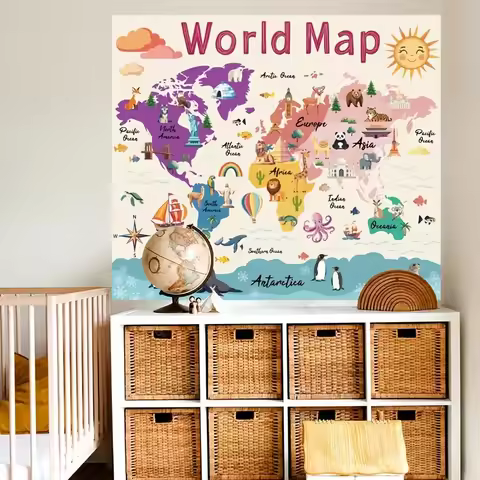 VIKAMA World Map Tapestry, Interactive Educational Puzzle, Perfect for Children's Rooms and Classroo
