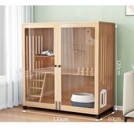 全城熱賣 - 實木家用兩層貓屋貓籠貓床貓別墅（免漆【鋼化玻璃門】含 側門洞+貓抓柱）【尺寸：120*120*60cm】