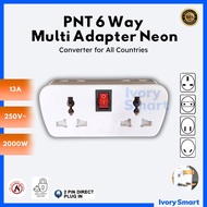 PNT 666 | 6 Way 13A T-Adaptor (Multi) with Neon Light Converter for All Countries 2000W
