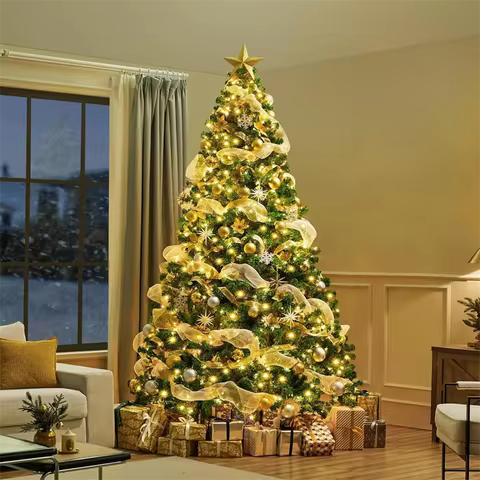 10ft Artificial Christmas Tree , Snow Flocked Full Prelighted Xmas Tree with 2084 Branch Tips, 900 I