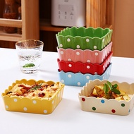 【New release】 6-Inch Polka Dots Lace Baking Pan Square Ceramic Bowl Microwave Oven Cheese Baked Rice Dish Dessert Cake Plate Steam Tableware