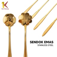 Satu Keluarga Sendok Korea Teh Kopi Kecil Stainless Steel C766 Spoon Dessert Motif Love Elegant Warna Gold / Sendok Bunga Emas  Import