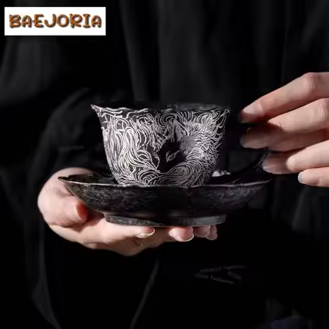 150ml Gilt Silver Nine-tailed Silver Fox Coffee Mug With Plate Cappuccino Latte Cup Afternoon Tea Mu