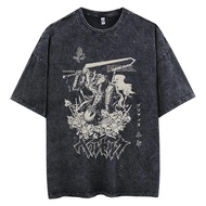 2025 Năm Mới Cotton Cổ Tròn Tay Ngắn T Áo Thun Berserk Print T Shirt Men Vintage Washed T-Shirt Anim