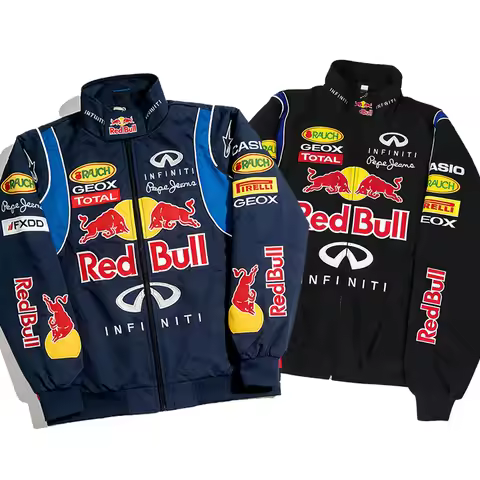 Vintage Red Bull Racing Jacket Men Full Embroidery Stand Collar Bomber Jacket Motorcycle Biker Coat