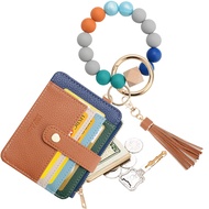 Wristlet Bracelet Keychain Credit Card Holder Purse,RFID Blocking Zip Wallet,Silicone Bead Tassel Ke