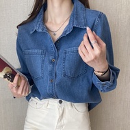 C024 LONG SLEEVE JEANS DENIM TOP BLOUSE 复古港风蓝色衬衣牛仔衬衫 WOMEN CLOTHING FASHION WORKING ATTIRE CASUAL DE