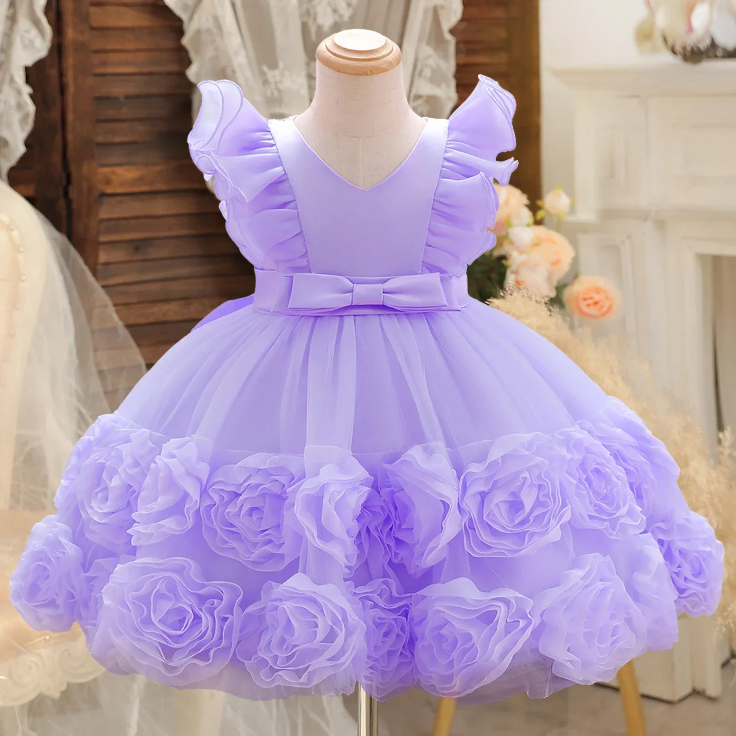 Flower Baby Girl 1st Birthday Christening Dress Flower Girl Dress for White Wedding Appliques Pagean