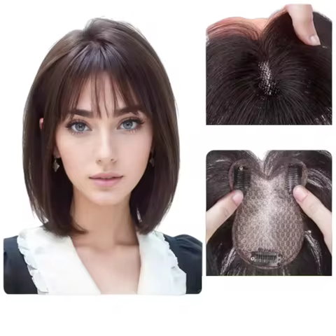 Fluffy Real Human Hair Topper 8x11cm Ultra-Thin Mesh Clip-In Fringe Bangs Instantly Boost Volume & C