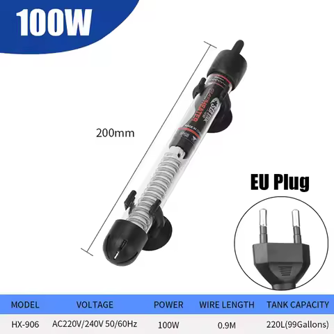 1Pcs 25W/50W/100W/200W/300W Thermostat Heater Rod Adjustable Temperature EU Plug Submersible Heater 